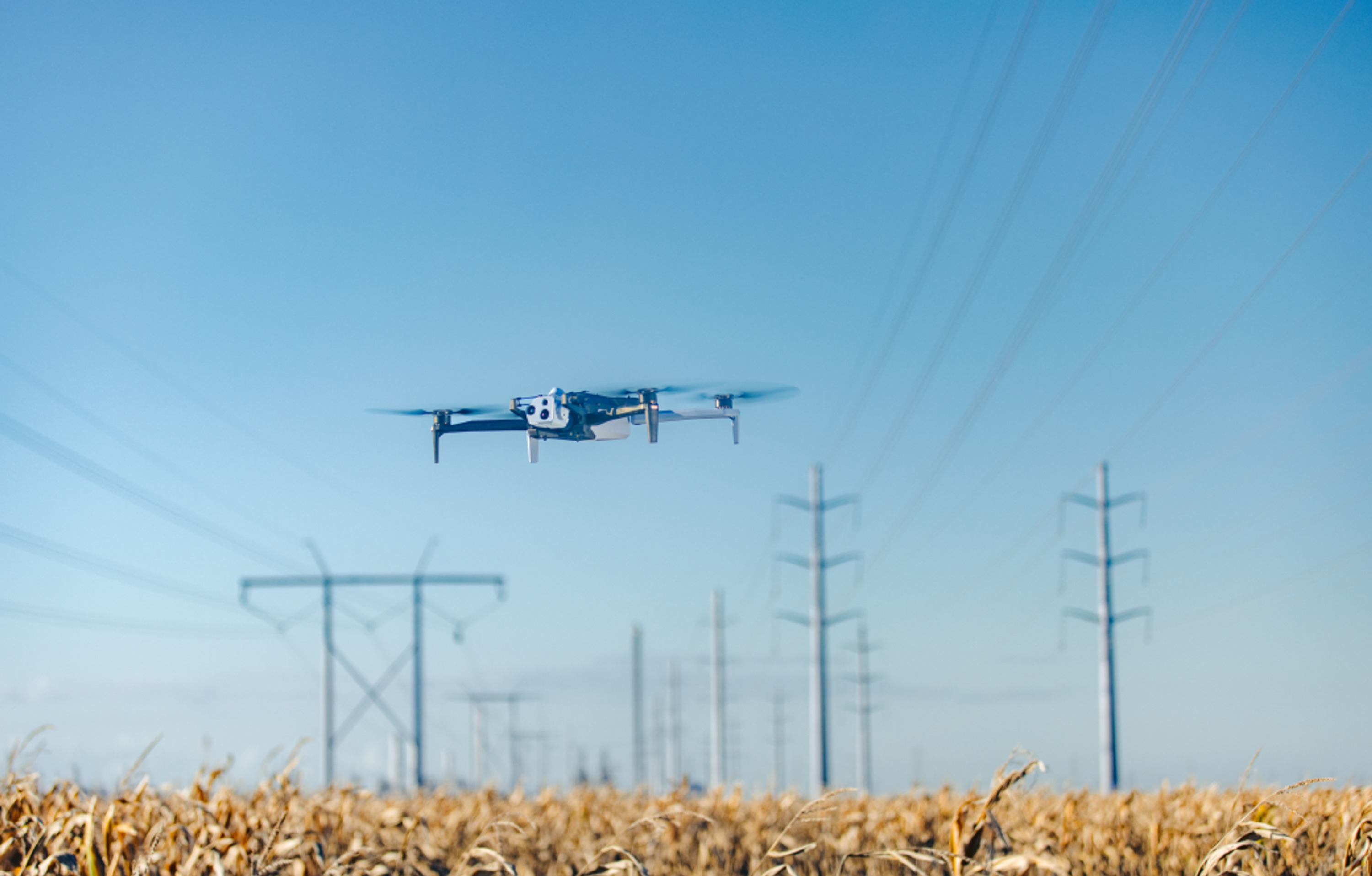 Skydio X10 flying over vast cornfield 