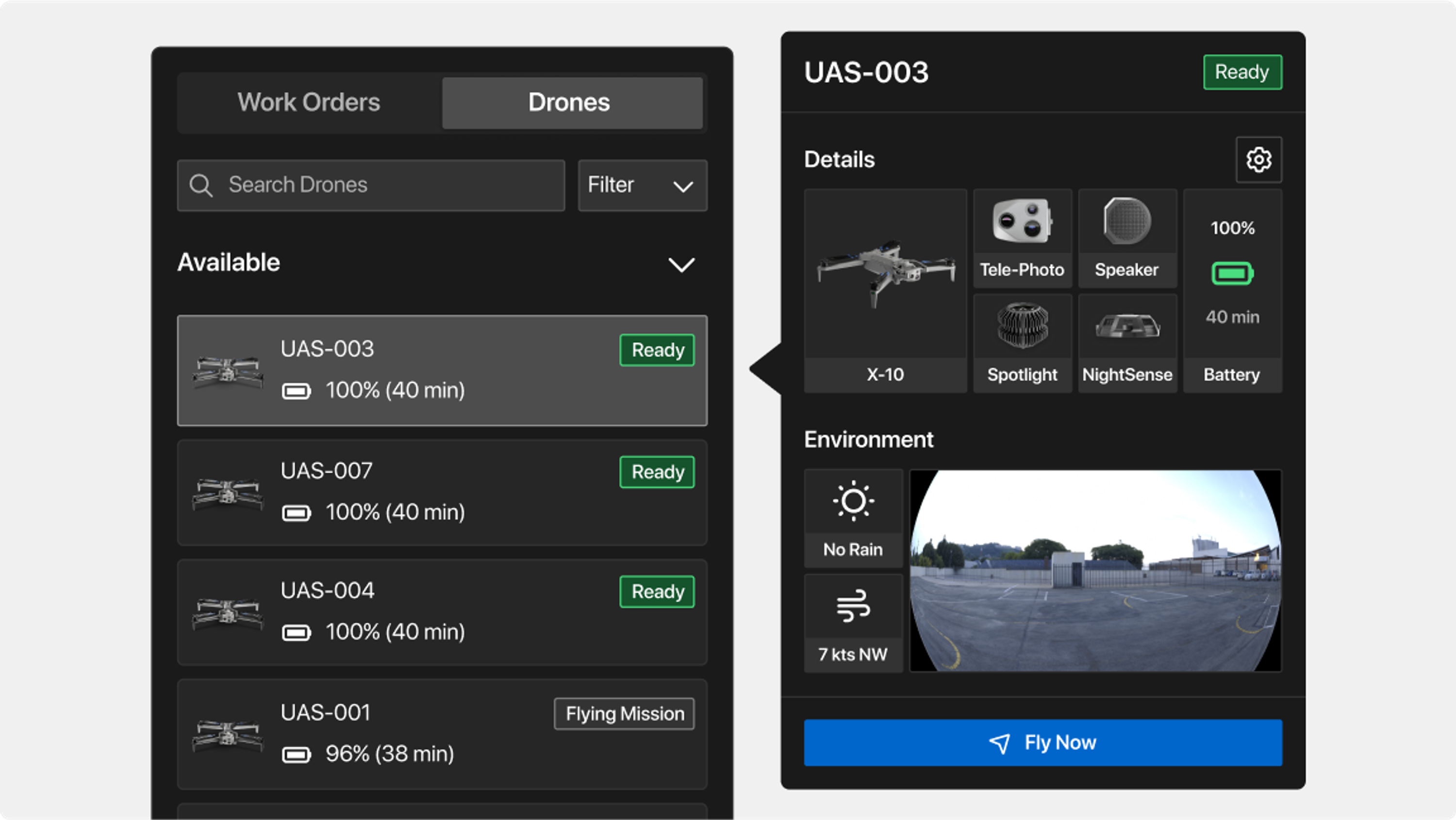 UI view of Remote OPs with list of Skydio Drones in out operating in the field 