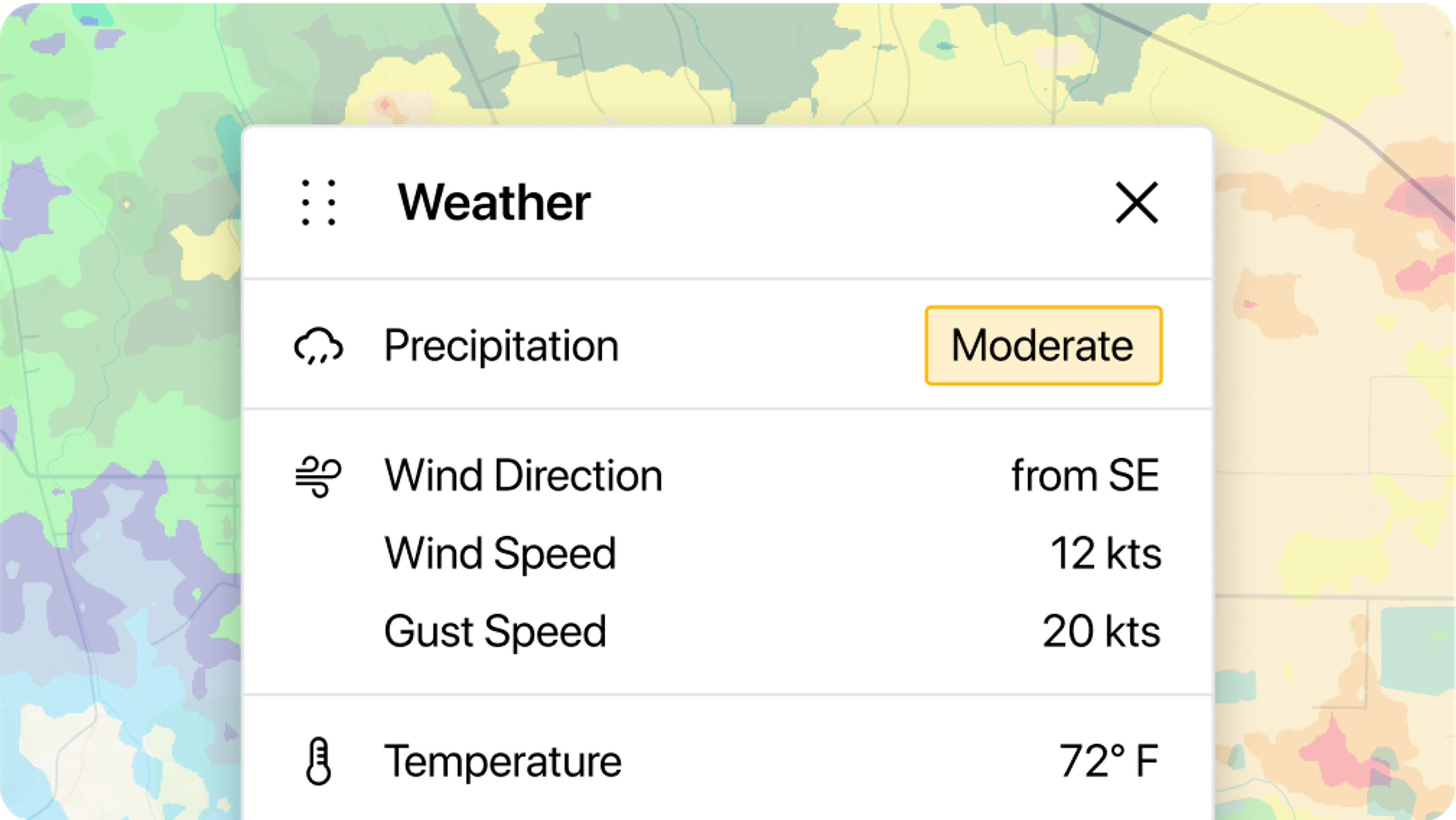 Weather station UI showing moderate rain