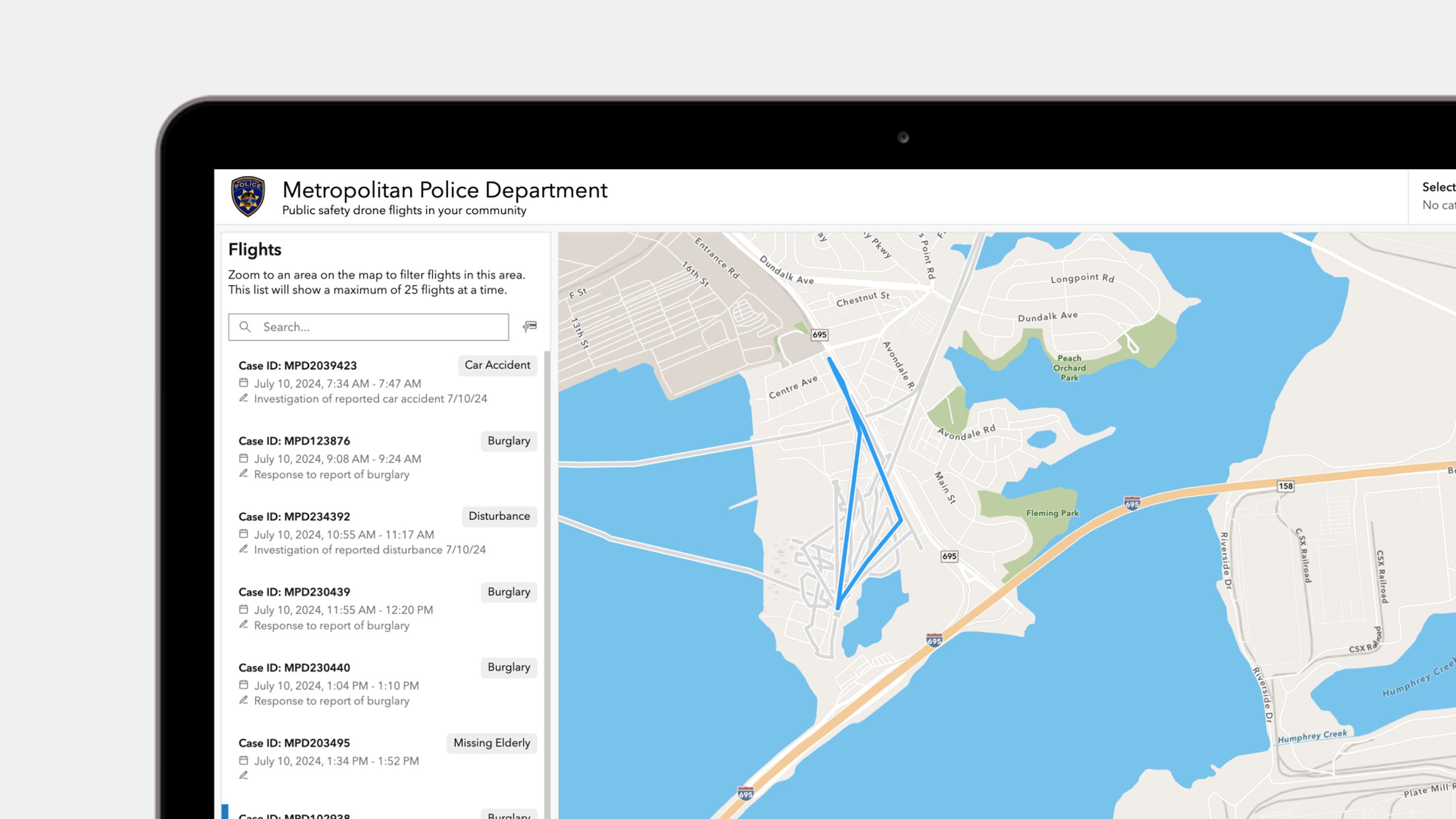 Community transparency dashboard UI showing  time, date, and locations drones have flied to