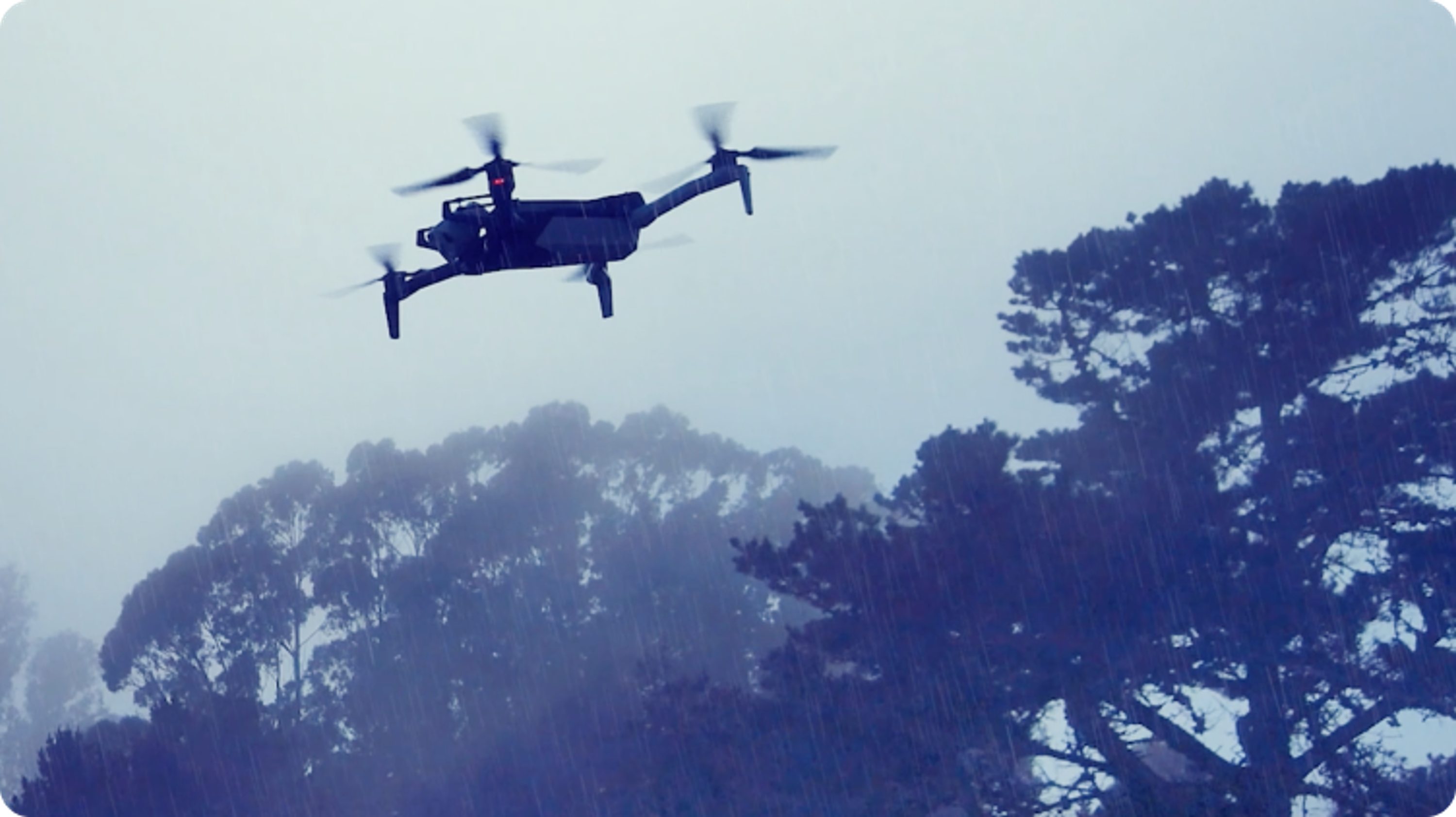 Skydio X10 flying in misty conditions