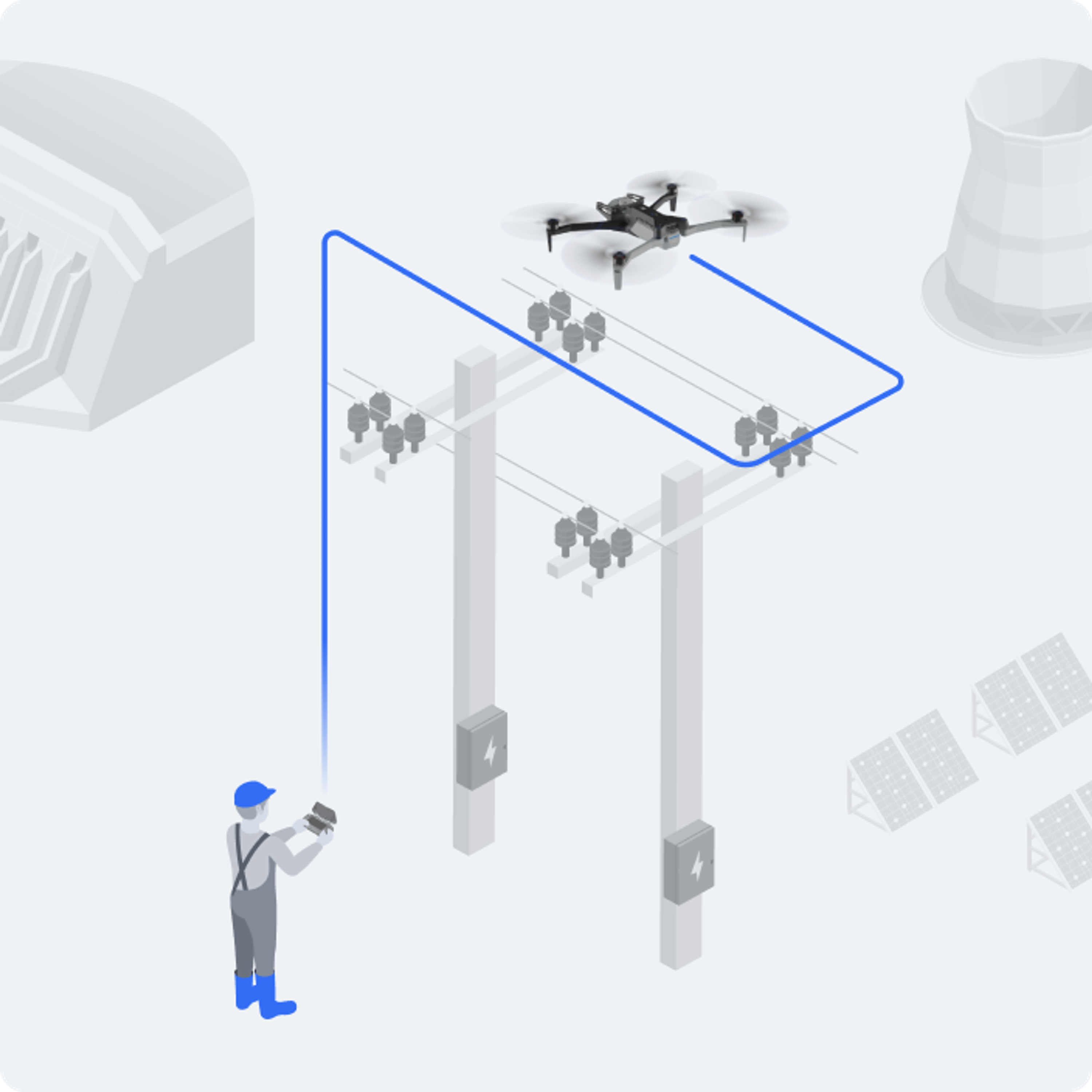 illustration of skydio x10 flying around power lines