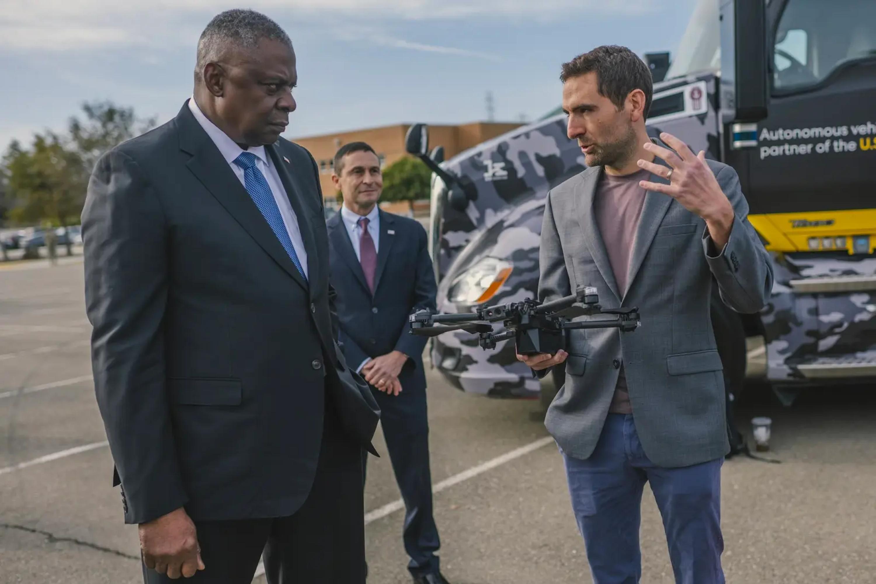 Secretary of Defense, Lloyd Austin speaking with Adam Bry, CEO and Founder of Skydio