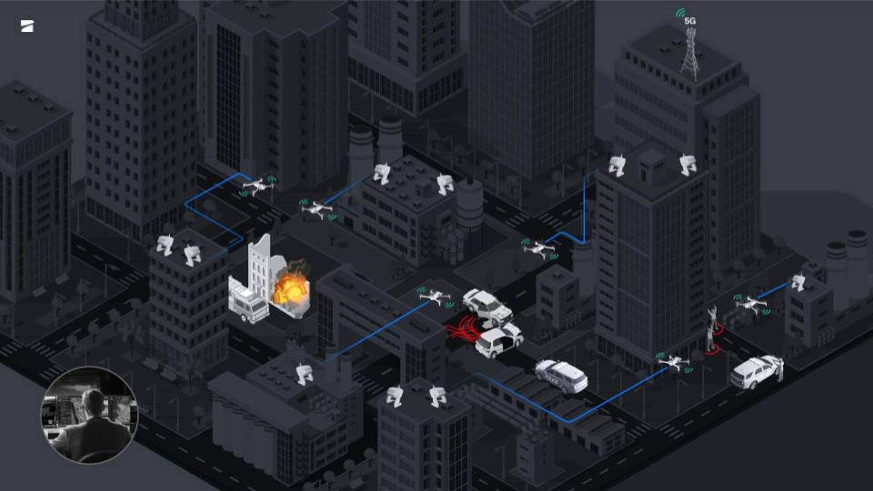 illustration of many drones across a city being released from the skydio dock