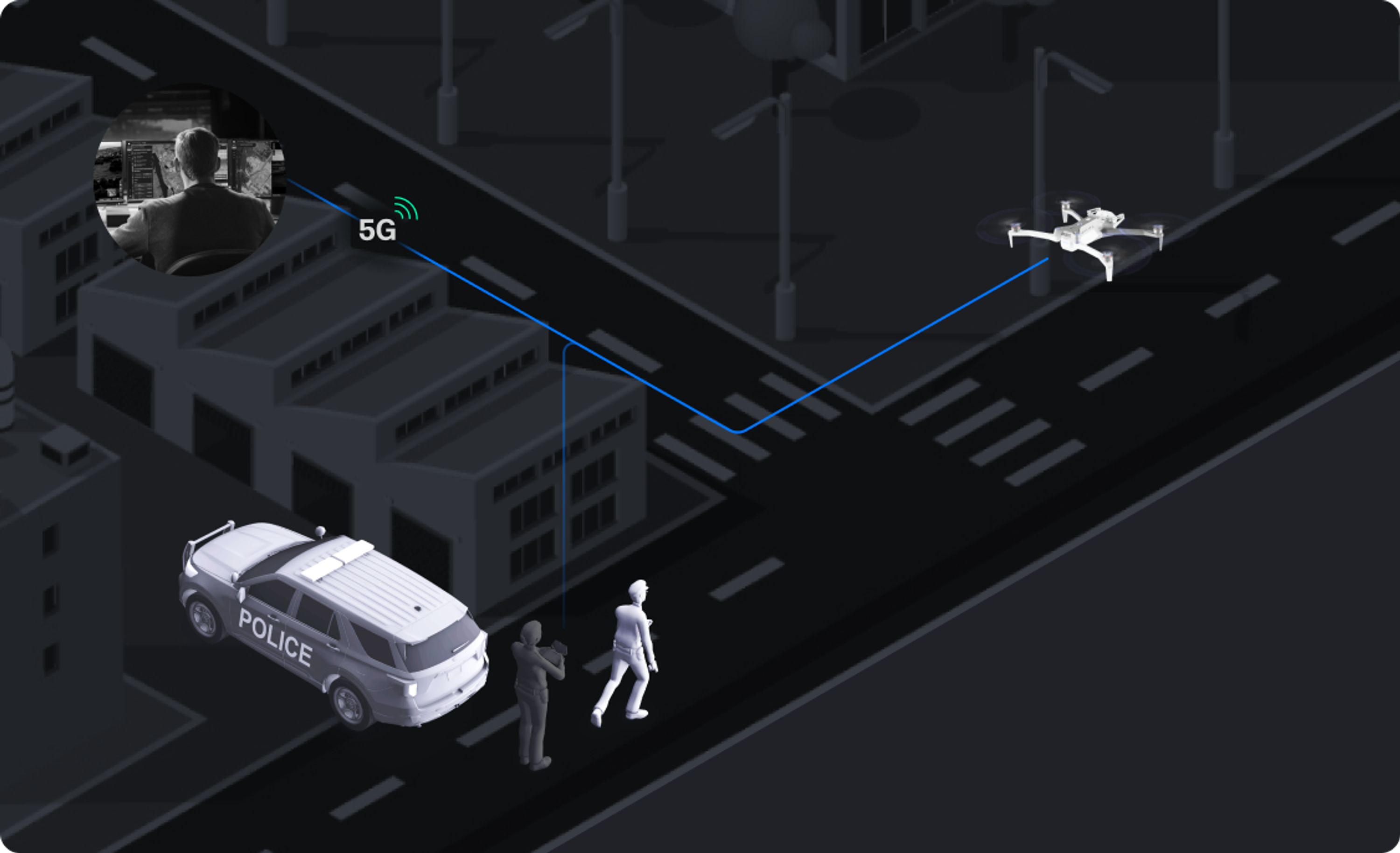 illustration of a drone being flown remotely while police on persuit 