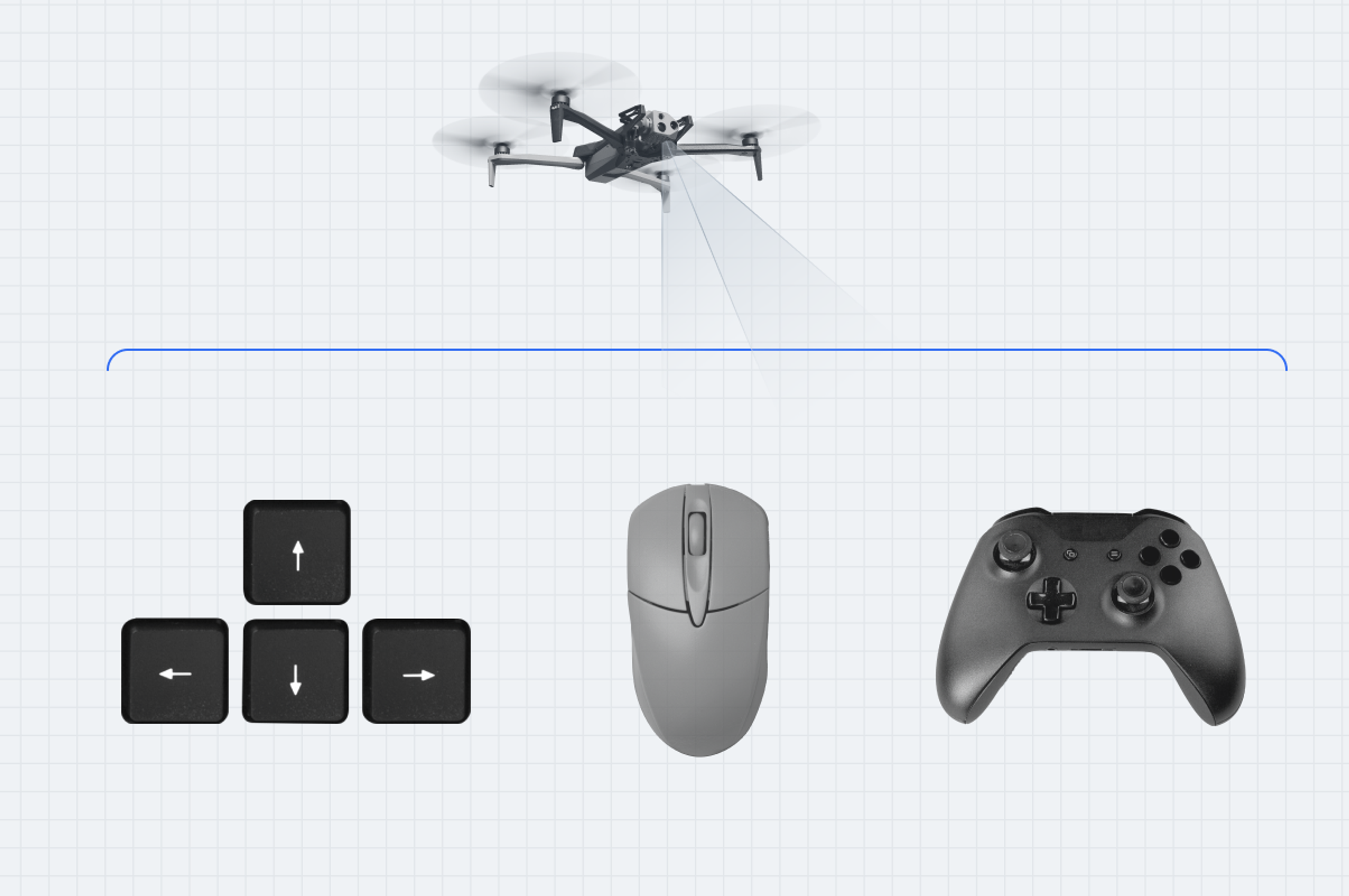 Operator controls with mouse, keyboard, phone, or gaming controller