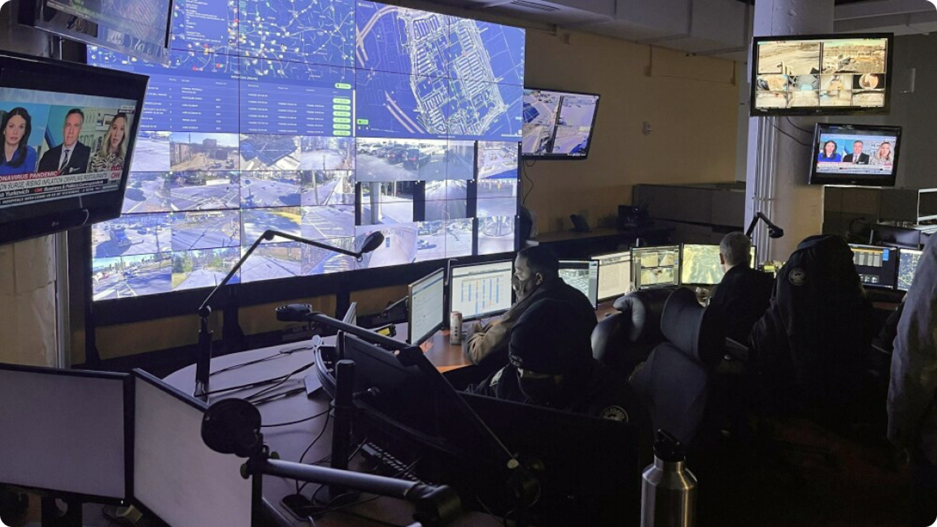 Command center showing Skydio DFR Command UI in large multiscreen display