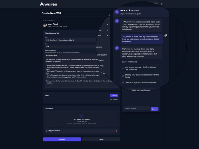 Awareo AI Assistant guiding users in structuring their digital legacy, offering smart templates for crypto and digital asset planning.