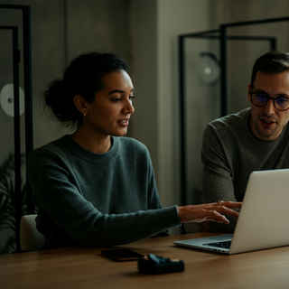 Two colleagues collaborate on a laptop in a modern office, discussing ideas. A smartphone and device rest on the wooden table.