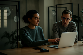 Two colleagues collaborate on a laptop in a modern office, discussing ideas. A smartphone and device rest on the wooden table.