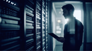 Man with a tablet inspecting server racks.