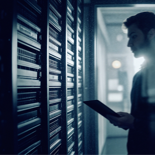 Man with a tablet inspecting server racks.