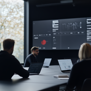 Business meeting with four people analyzing data on laptops in a modern conference room with large screen displays.