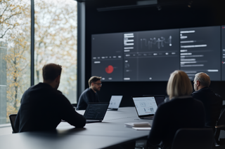Business meeting with four people analyzing data on laptops in a modern conference room with large screen displays.