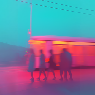 Abstract scene with blurred figures and a neon-lit tram, creating a dynamic, colorful motion effect against a teal sky.