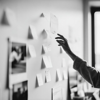 A hand reaches toward a wall covered with notes, suggesting creative planning or active brainstorming in a workspace.