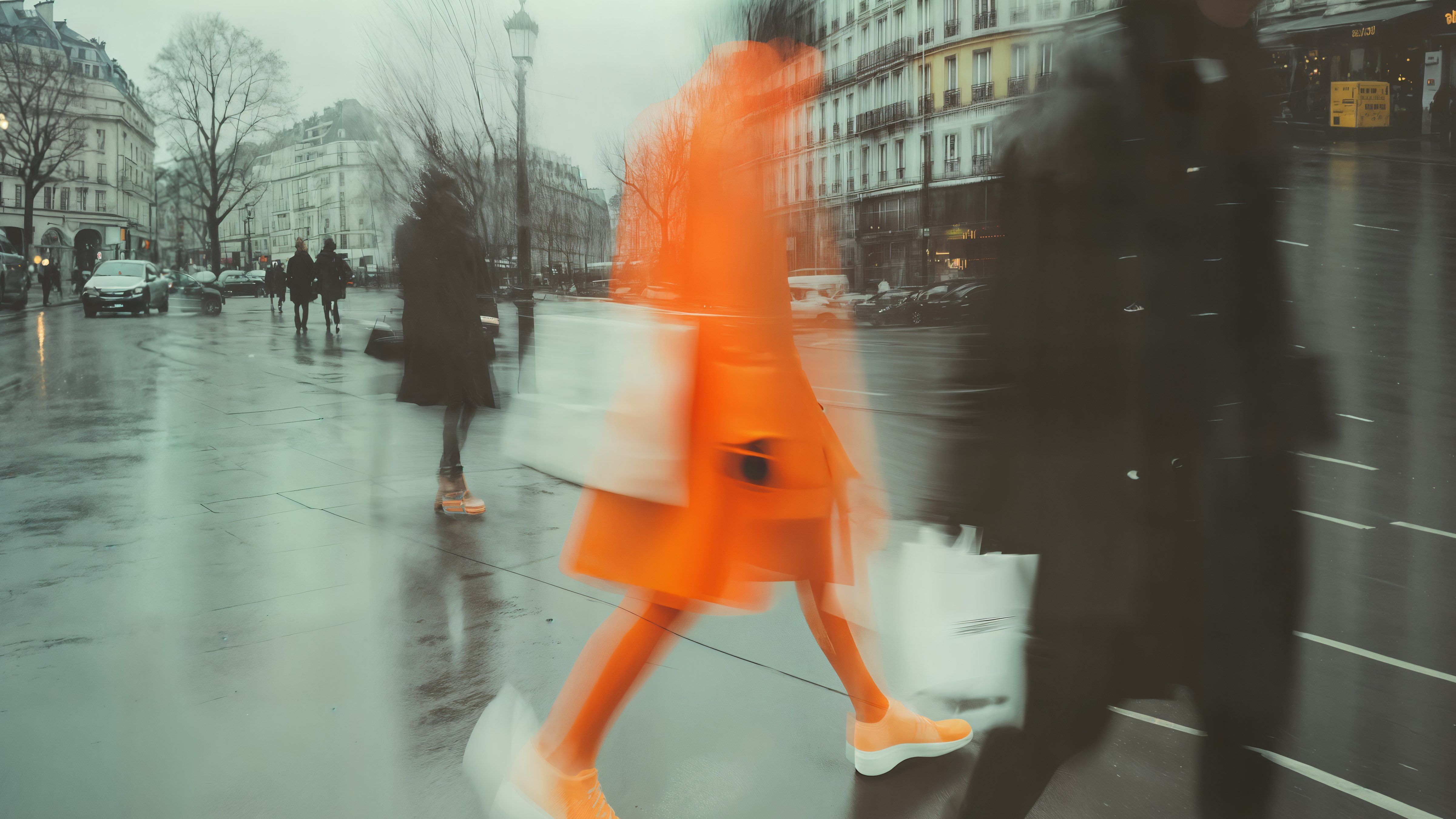Blurred street scene with a person in bright orange walking, creating a dynamic and energetic urban atmosphere