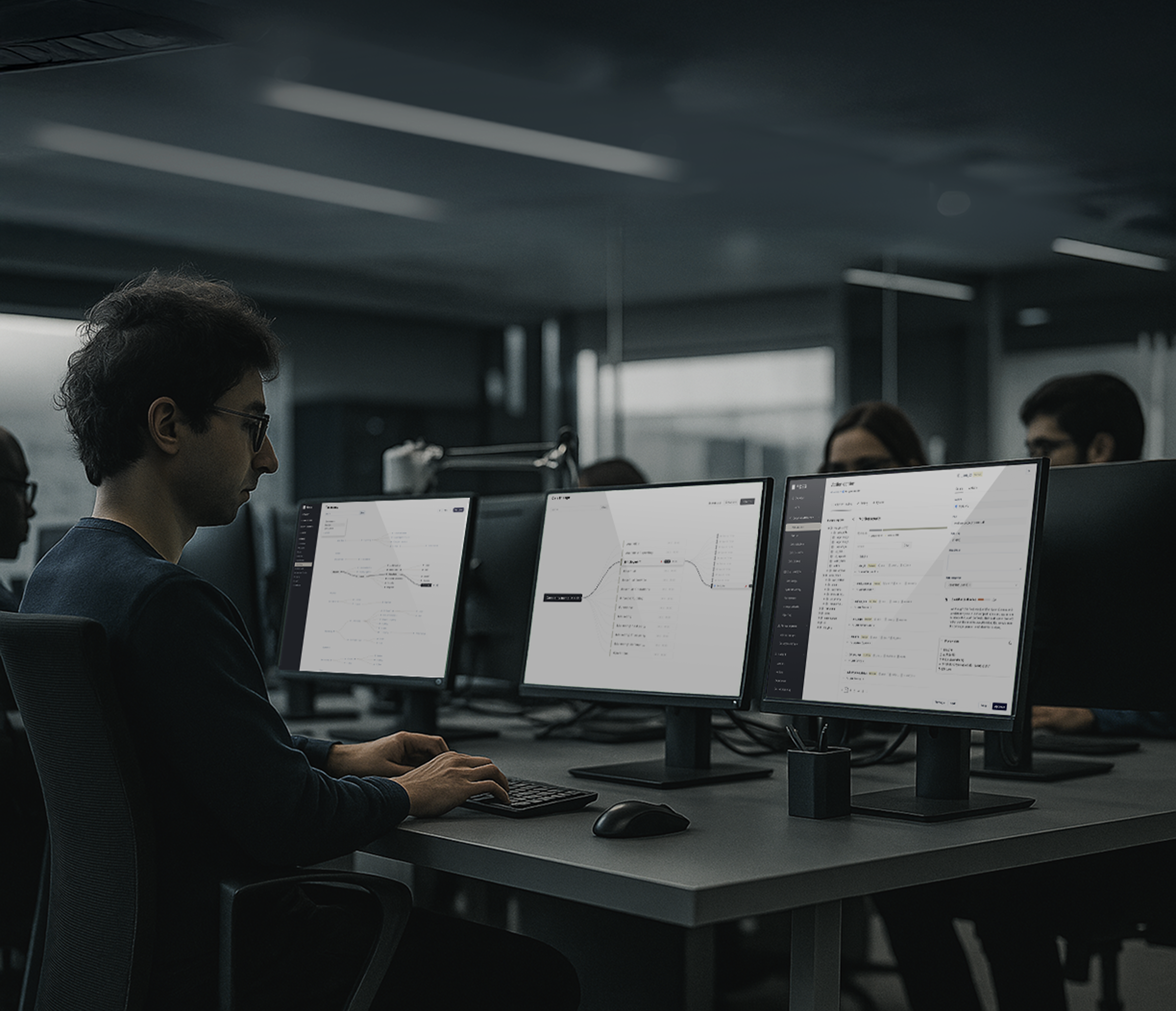 A man sitting at a desk with three monitors displaying the Ethyca product, in a busy corporate office.
