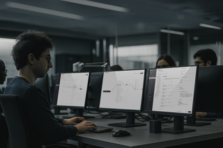 A man sitting at a desk with three monitors displaying the Ethyca product, in a busy corporate office.