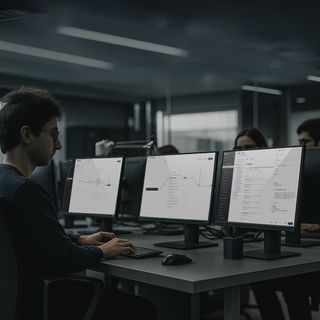 A man sitting at a desk with three monitors displaying the Ethyca product, in a busy corporate office.