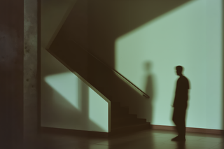 Shadowy figure in a dim hallway with green walls and tiled floor