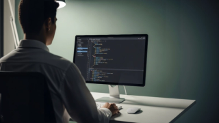 Man sitting in front of computer screen coding in a professional office space.