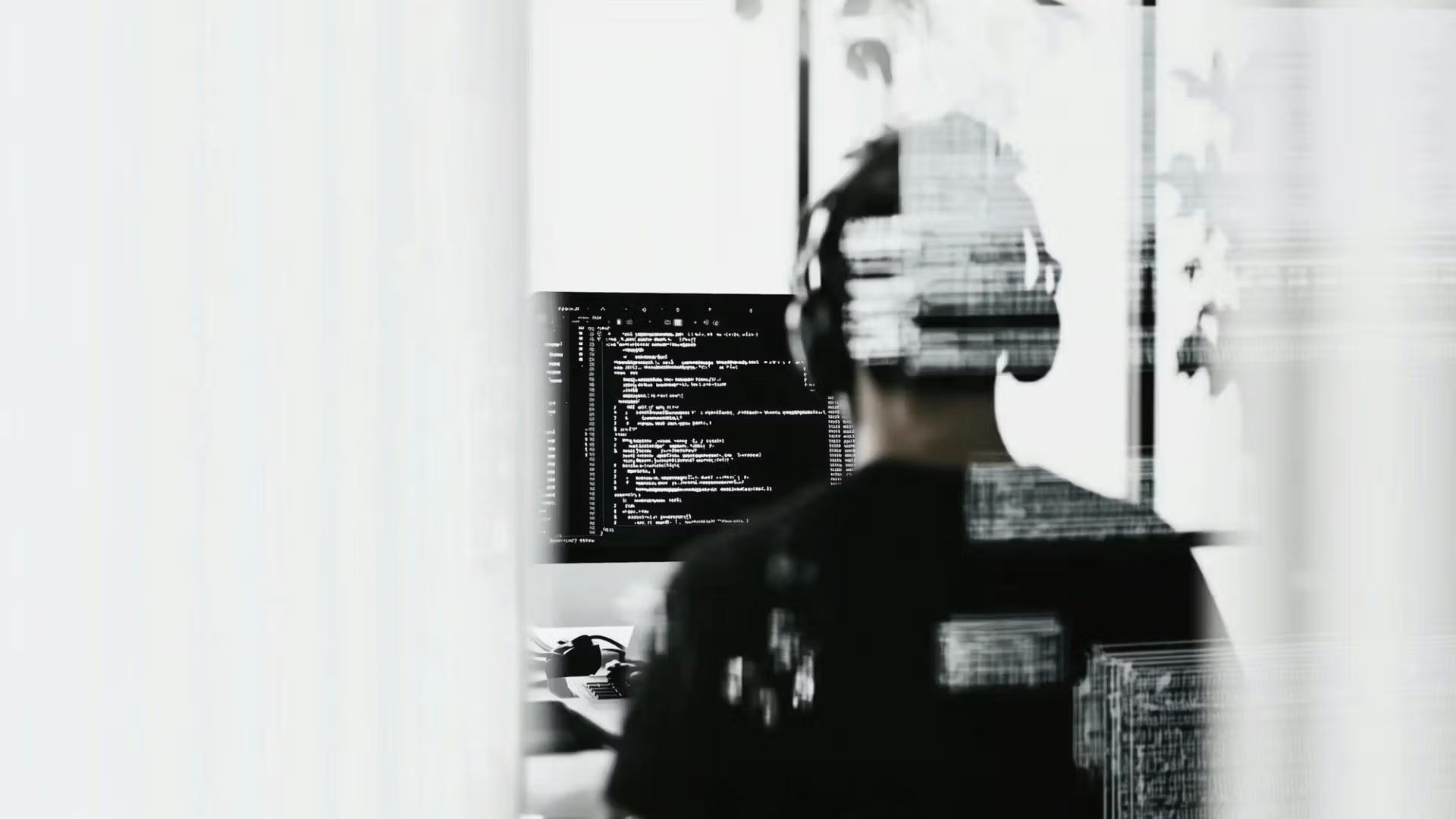 Person coding at a desk behind a glass door.