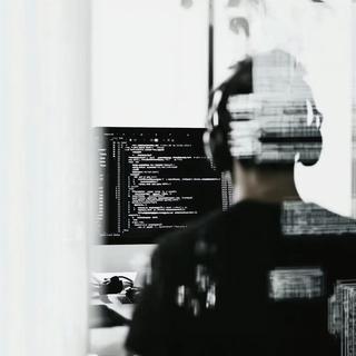 Person coding at a desk behind a glass door.