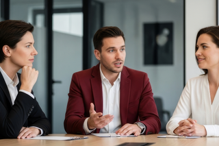 A group of businesspeople speaking around a computer monitor in a busy office overlooking a city skyline.