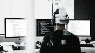 Monochrome image of a coder working on a dark-themed interface, with headphones and a futuristic digital distortion effect.