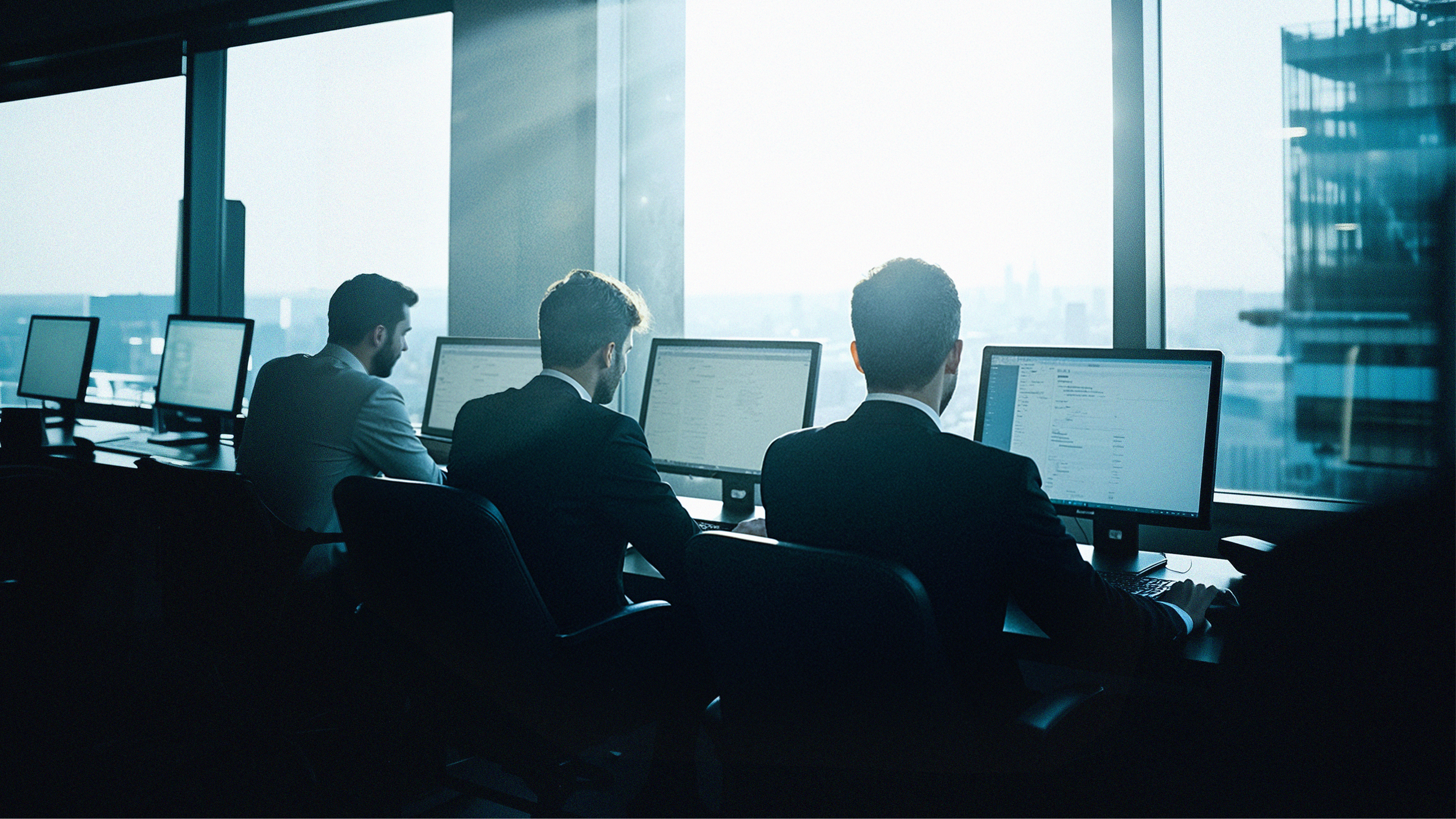 Two businesspeople in suits in a modern office building conference room.