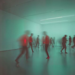 Blurred figures move in a minimalist teal room
