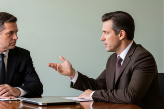 Two businessmen in suits having a serious discussion at a table with a laptop and papers, set against a plain background.
