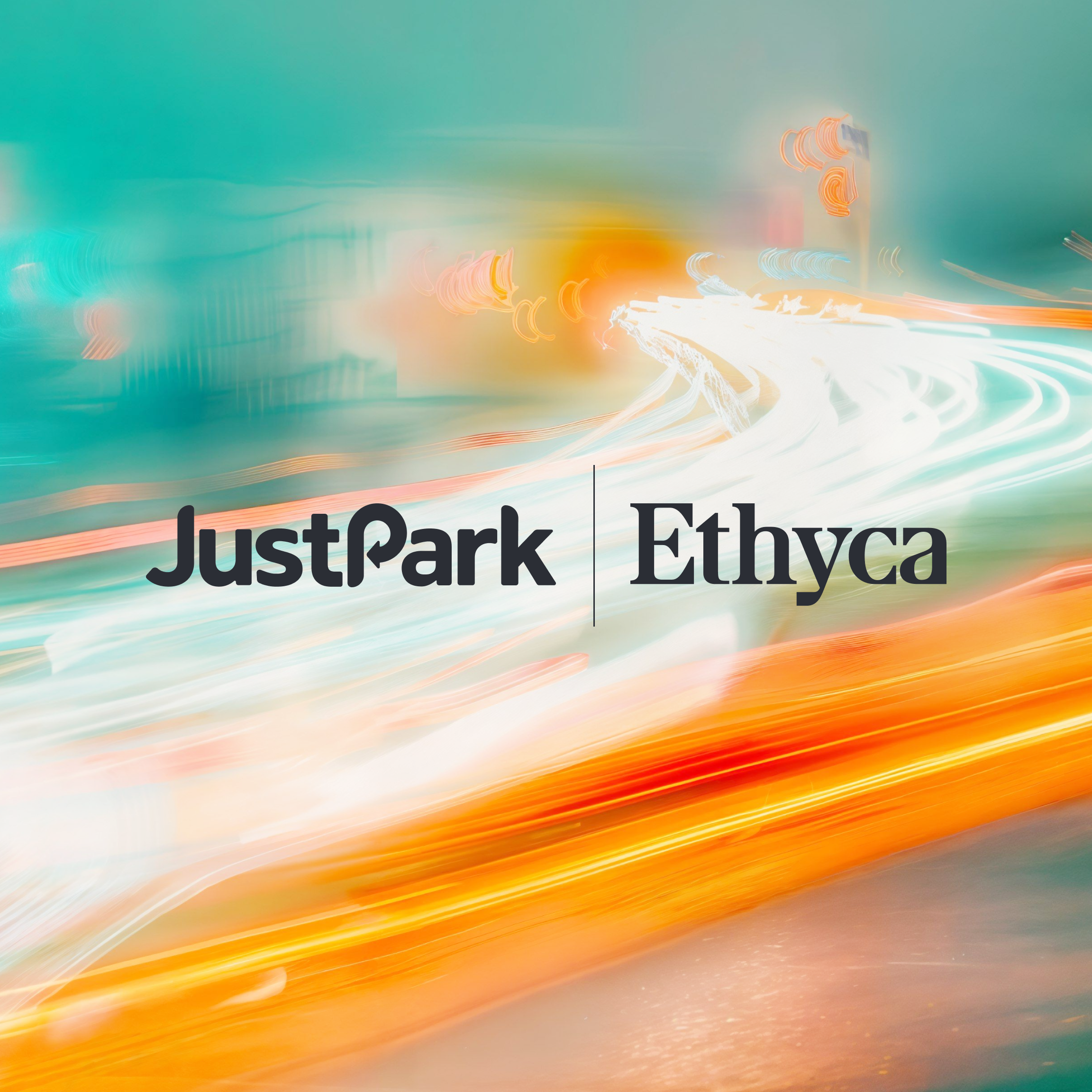 justpark and ethyca logos over abstract light trails in motion