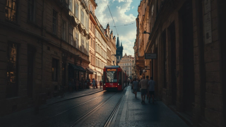 Red tram on a cobblestone street amidst historic European architecture, bustling with people and a towering spire in the background.