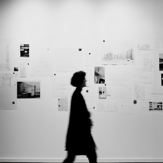 Blurred motion of someone walking past a wall filled with blueprints