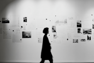 Blurred motion of someone walking past a wall filled with blueprints