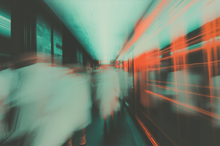 Abstract motion blur of people in a teal and orange