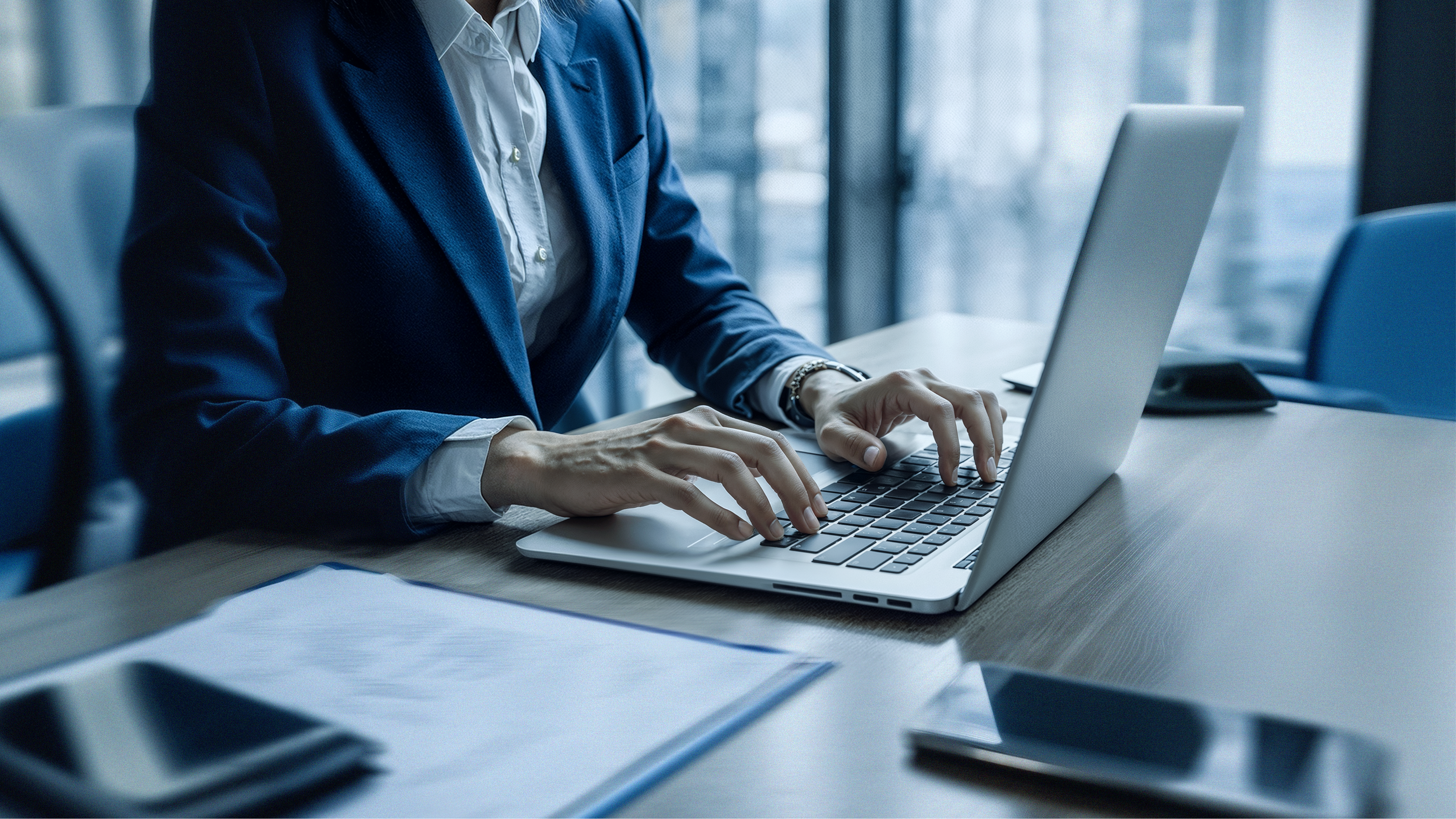 Woman working on laptop in a corporate office.