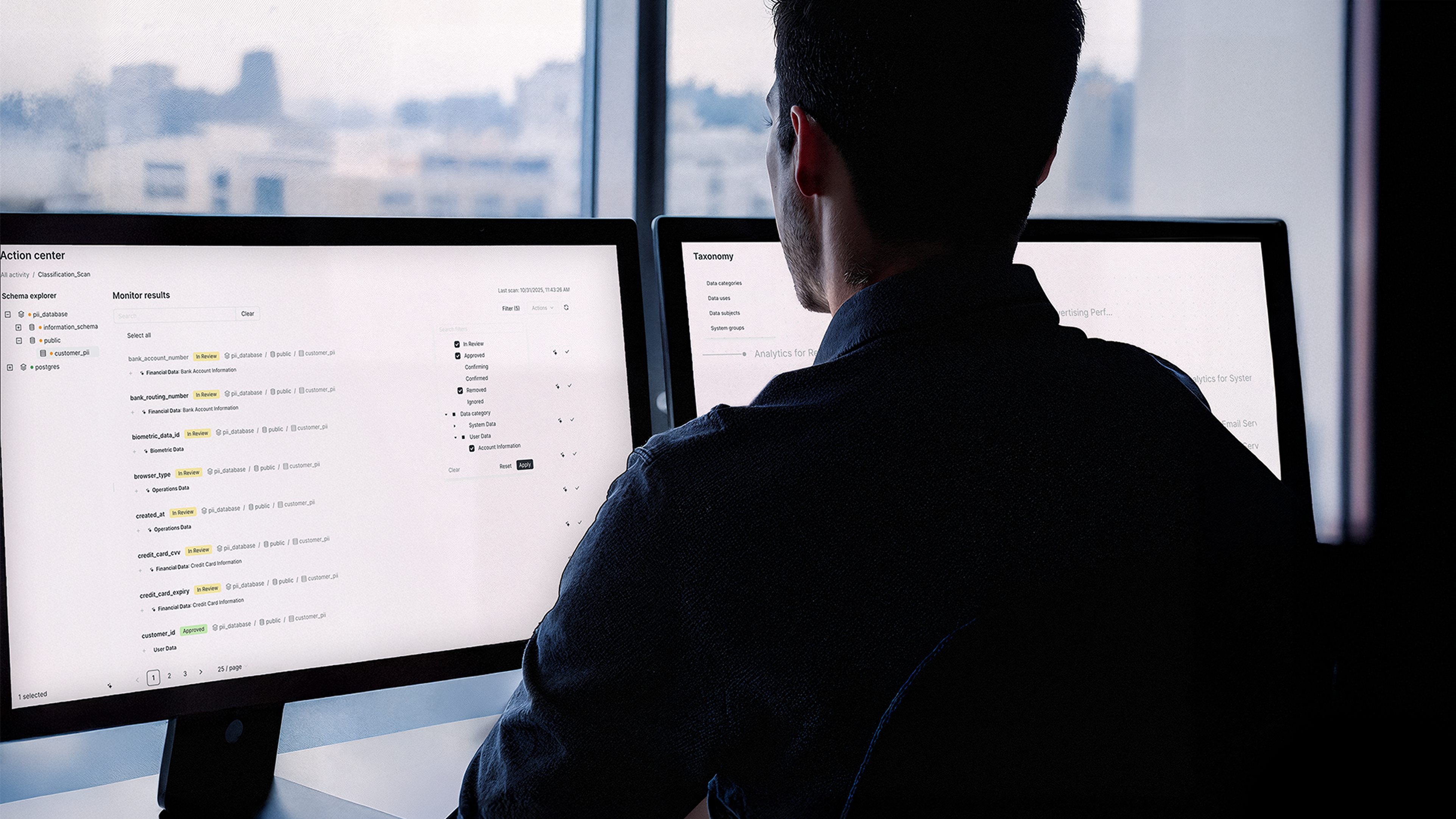 Man sitting in front of computer screens working in Fides.