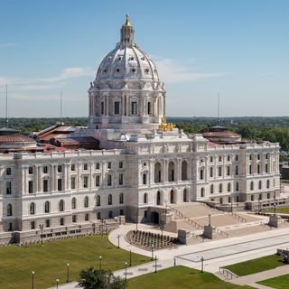 Photograph of the Minnesota Saint Paul capitol building with blue sky and green trees.