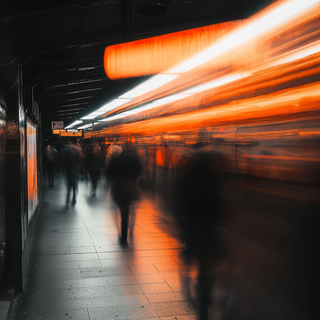 Blurred subway platform with orange train lights