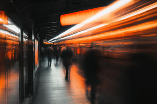 Blurred subway platform with orange train lights