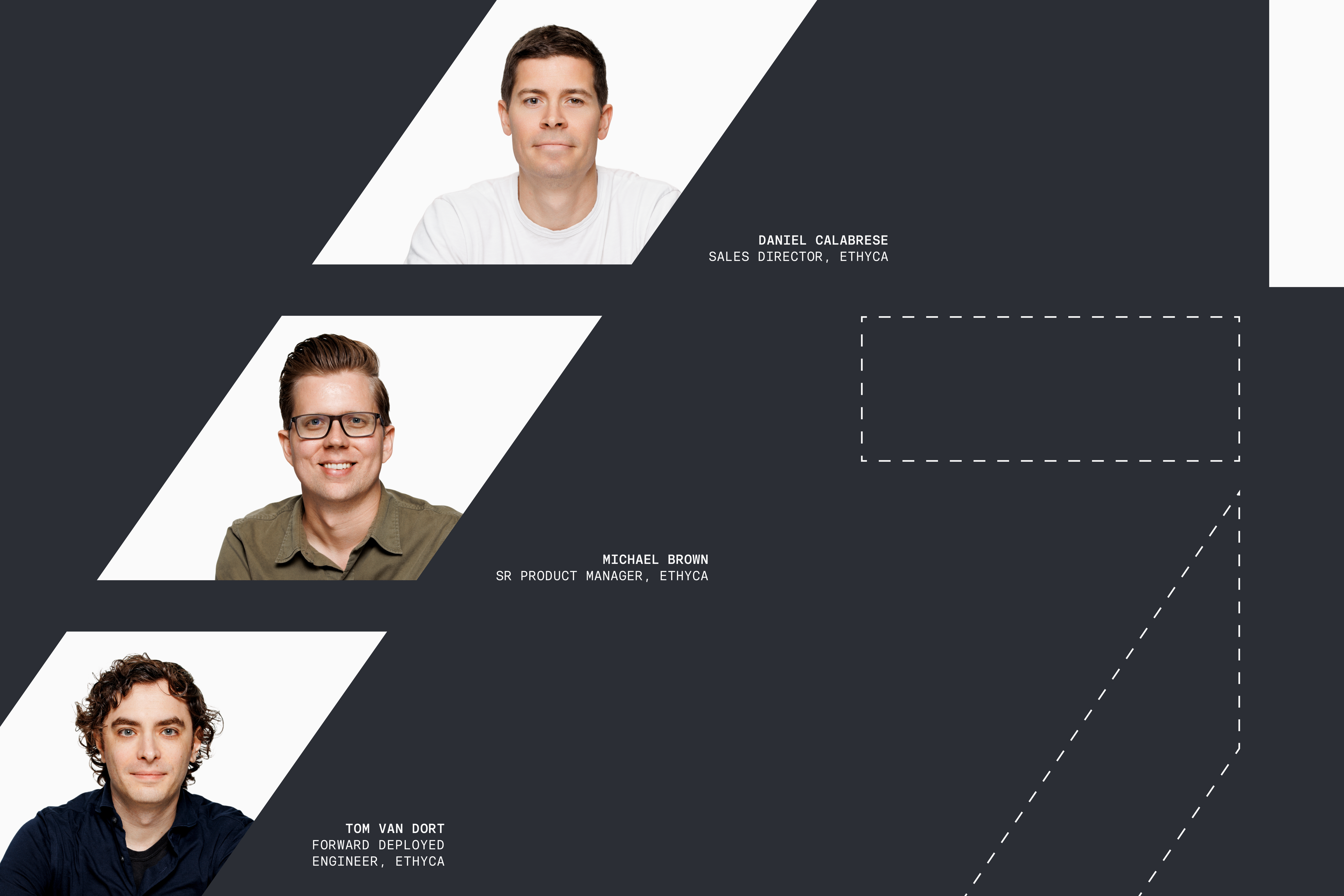 Three headshot photos of Ethyca webinar panellists on a blue background with Ethyca logo.