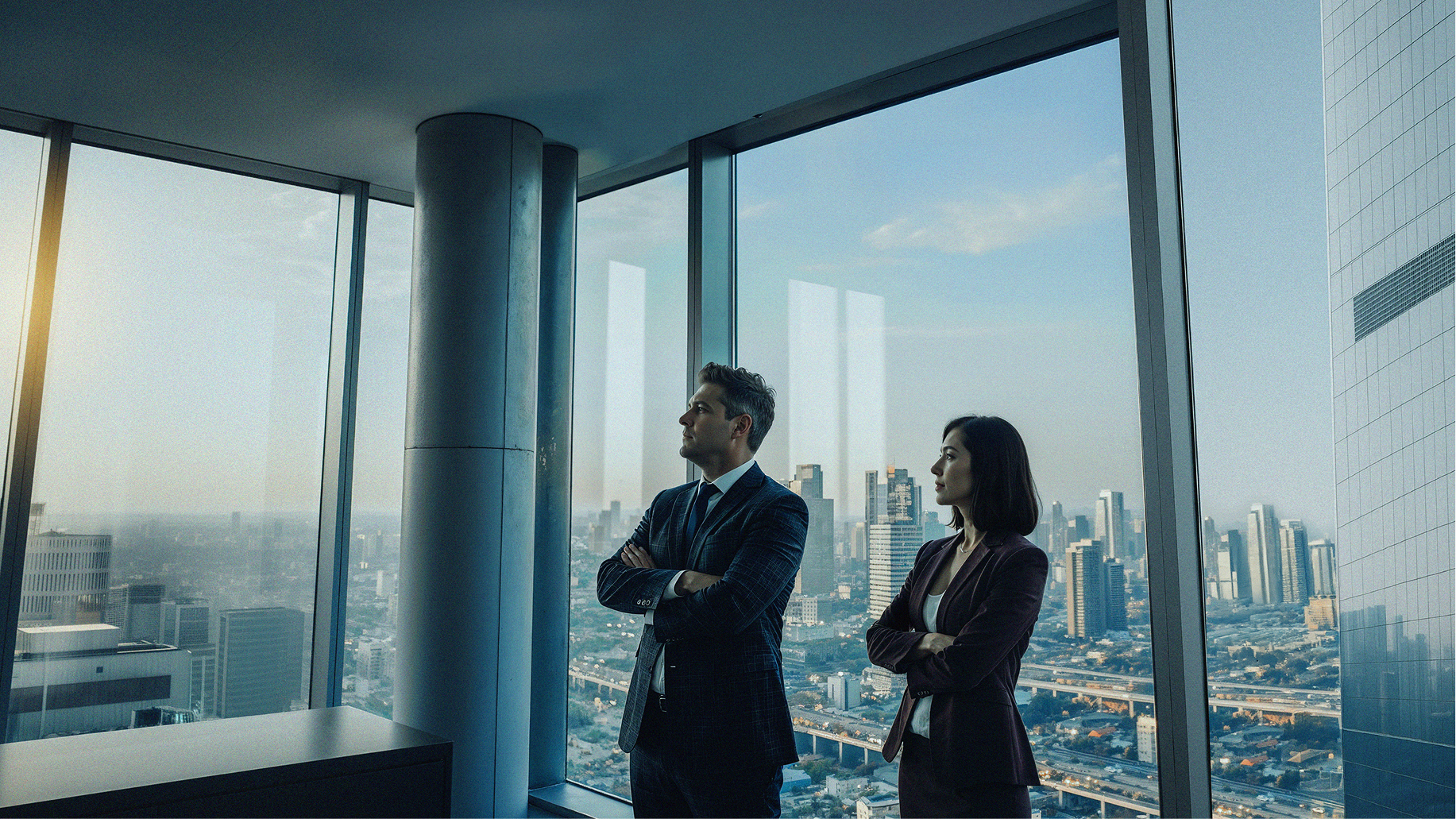 Two businesspeople in suits in a modern office building conference room.