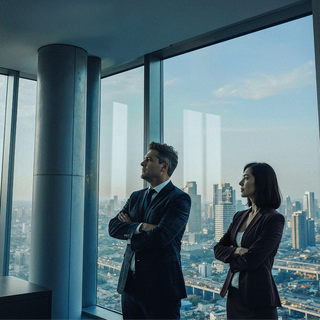 Two businesspeople in suits in a modern office building conference room.