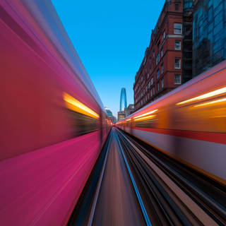 Dynamic motion blur of two trains passing with a cityscape backdrop, featuring a modern skyscraper and red brick building.