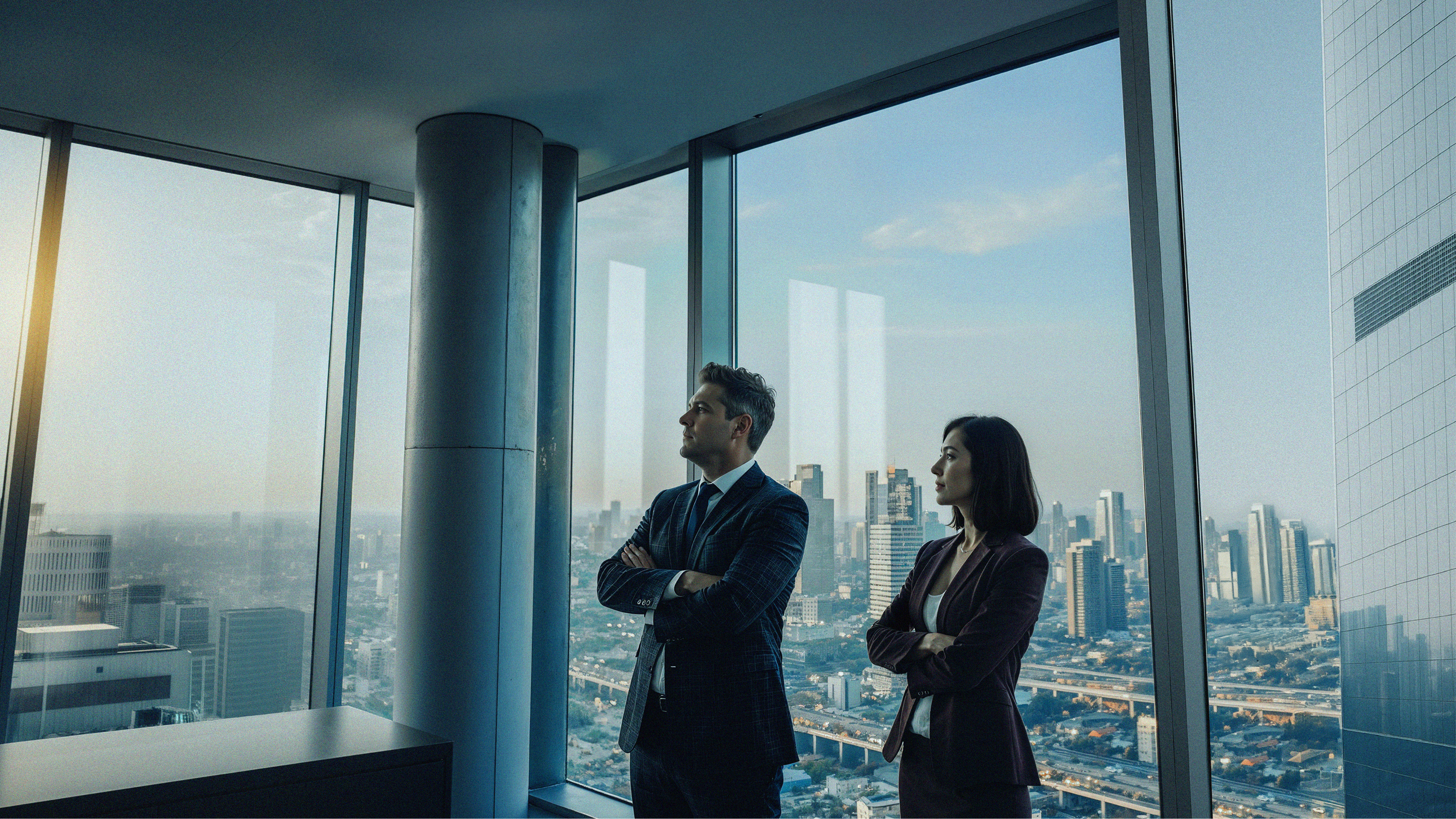 Two businesspeople in suits in a modern office building conference room.