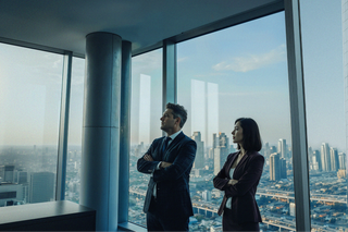 Two businesspeople in suits in a modern office building conference room.