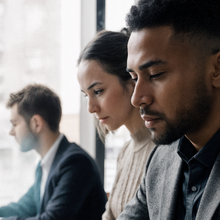Three people looking focused at work, in a corporate office with large windows looking out onto a city.